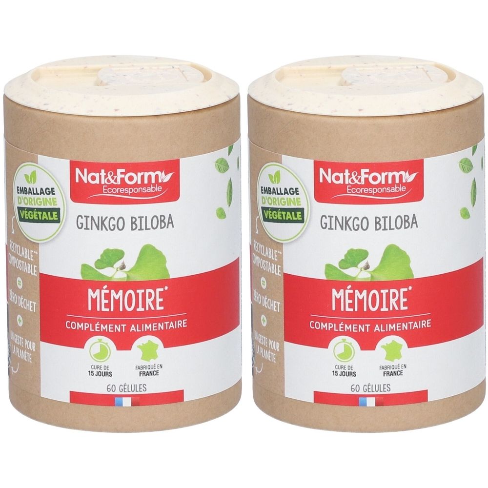 Deux boîtes cylindriques avec couvercles. Inscription: Nat&Form Ginkgo Biloba, Mémoire, complément alimentaire. Emballage végétal, fabriqué en France.
