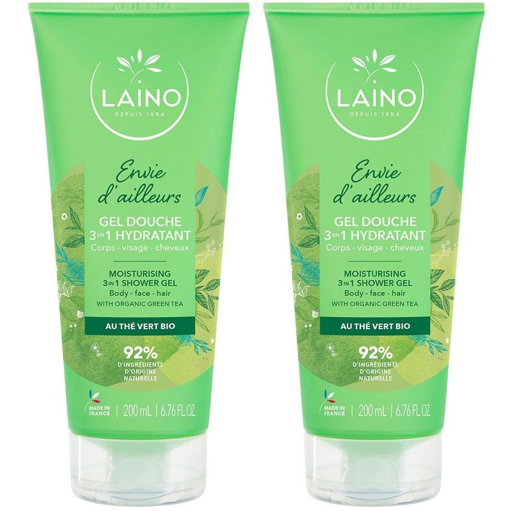 Deux tubes de gel douche vert. Inscription: LAINO, Gel Douche 3-en-1, Thé Vert BIO. 92% d'ingrédients d'origine naturelle.