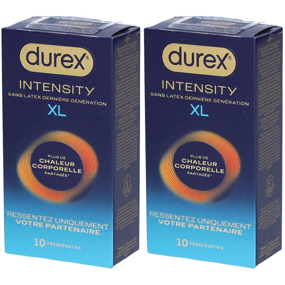 Deux boîtes bleues. Inscription: durex INTENSITY XL, 10 préservatifs. Graphique circulaire et texte.