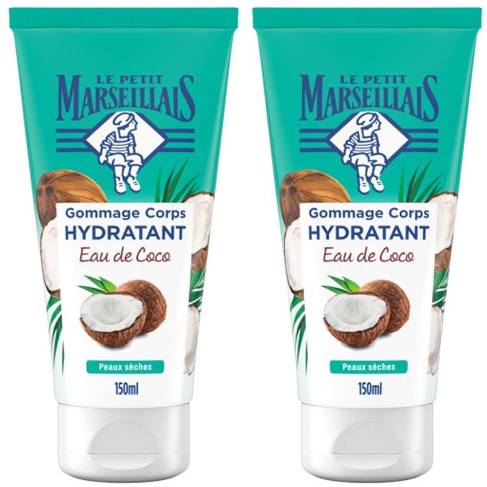 Deux tubes de gommage corporel. Inscription: Le Petit Marseillais, Gommage Corps Hydratant Eau de Coco. Illustration de noix de coco.