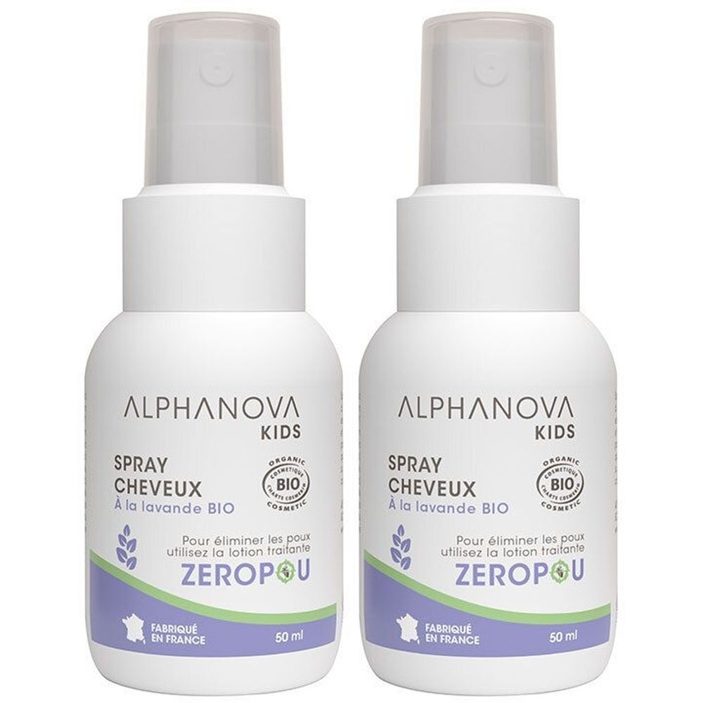 Deux flacons spray blancs ALPHANOVA KIDS, SPRAY CHEVEUX, certifiés BIO et ZEROPOU. Contenance 50 ml.