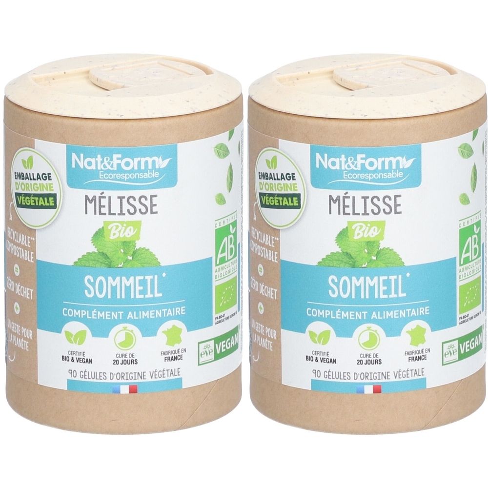 Deux boîtes cylindriques avec couvercles. Inscription: Nat&Form Mélisse Bio, sommeil, complément alimentaire. Certification Vegan et label AB.