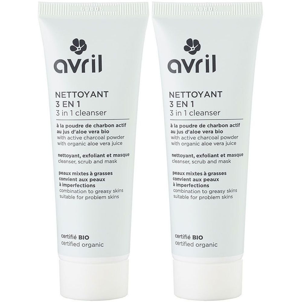Deux tubes blancs. Inscription: Avril, Nettoyant 3 en 1, certifié BIO. Contient poudre de charbon actif et aloe vera.