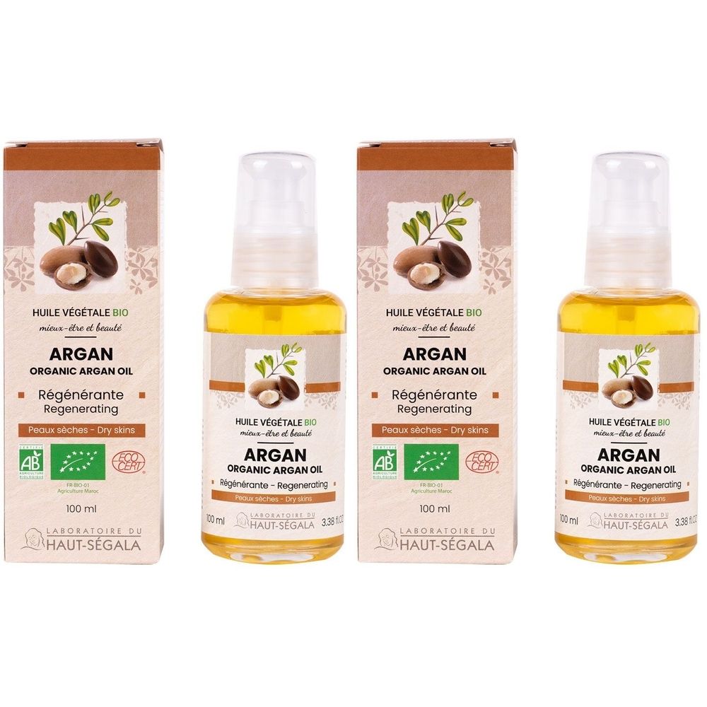 Trois flacons et emballages. Inscription : Huile Végétale Bio Argan Organic Argan Oil. Certifications : AB, Ecocert.