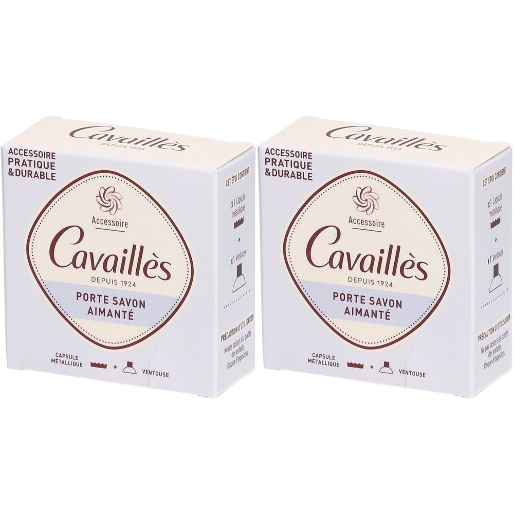 Deux boîtes blanches Cavaillès Porte Savon Aimanté. Inscription: Accessoire Pratique & Durable. Logo et texte en français.