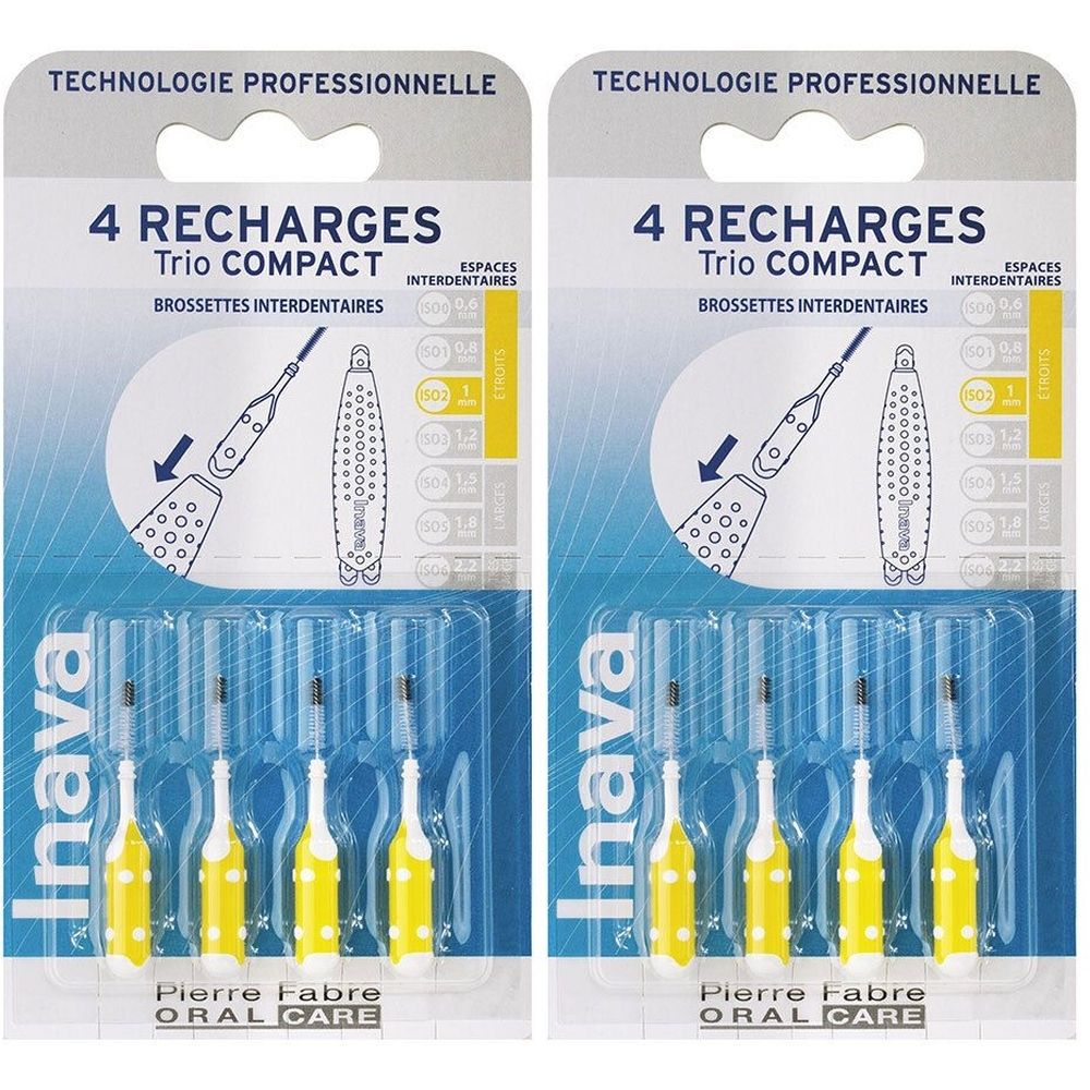 Deux paquets de recharges Inava Trio Compact. Chaque paquet contient 4 recharges. Brosses jaunes avec manche blanc.