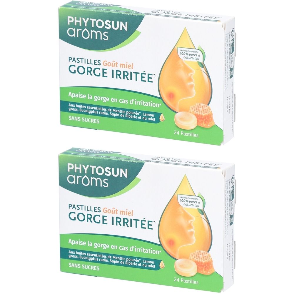 Deux boîtes de pastilles. Inscription: PHYTOSUN arôms, PASTILLES GORGE IRRITÉE, goût miel. 24 pastilles. Sans sucres.