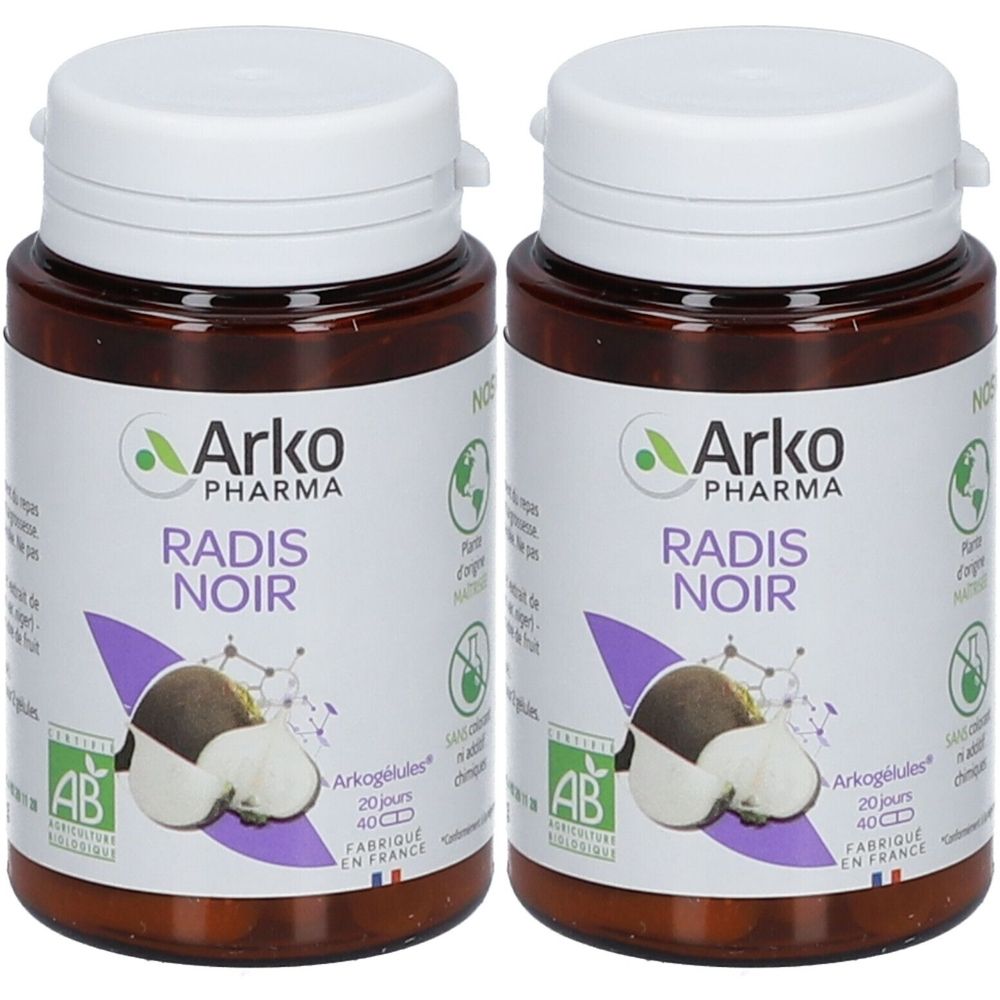 Deux flacons bruns avec bouchons blancs. Étiquettes « Arko Pharma Radis Noir ». Certification bio et « Fabriqué en France ».
