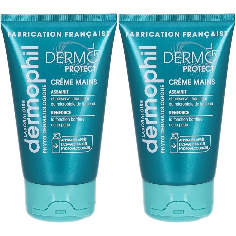 Deux tubes de DERMOPHIL Crème Mains. Tubes turquoise avec texte blanc. Fabrication française. Nom du produit et texte visibles.