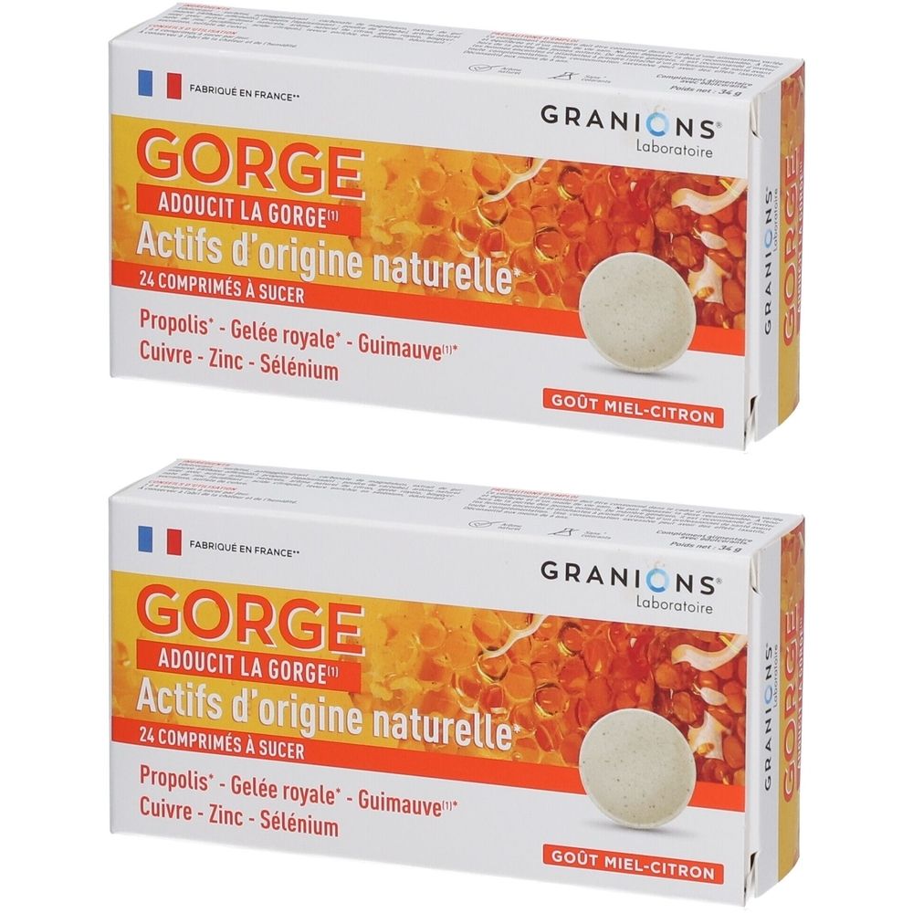 Deux boîtes de GORGE. Inscription: Actifs d'origine naturelle, 24 Comprimés à sucer. Goût miel-citron. Marque GRANIONS.