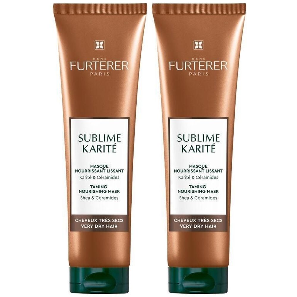Deux tubes de masque capillaire FURTERER Sublime Karité. Tubes bruns avec étiquette blanche et bouchon vert. Texte: Sublime Karité.