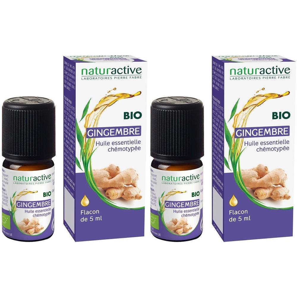 Trois flacons et boîtes. Inscription: naturactive, BIO, Gingembre, Huile essentielle chémotypée. Flacon de 5 ml.
