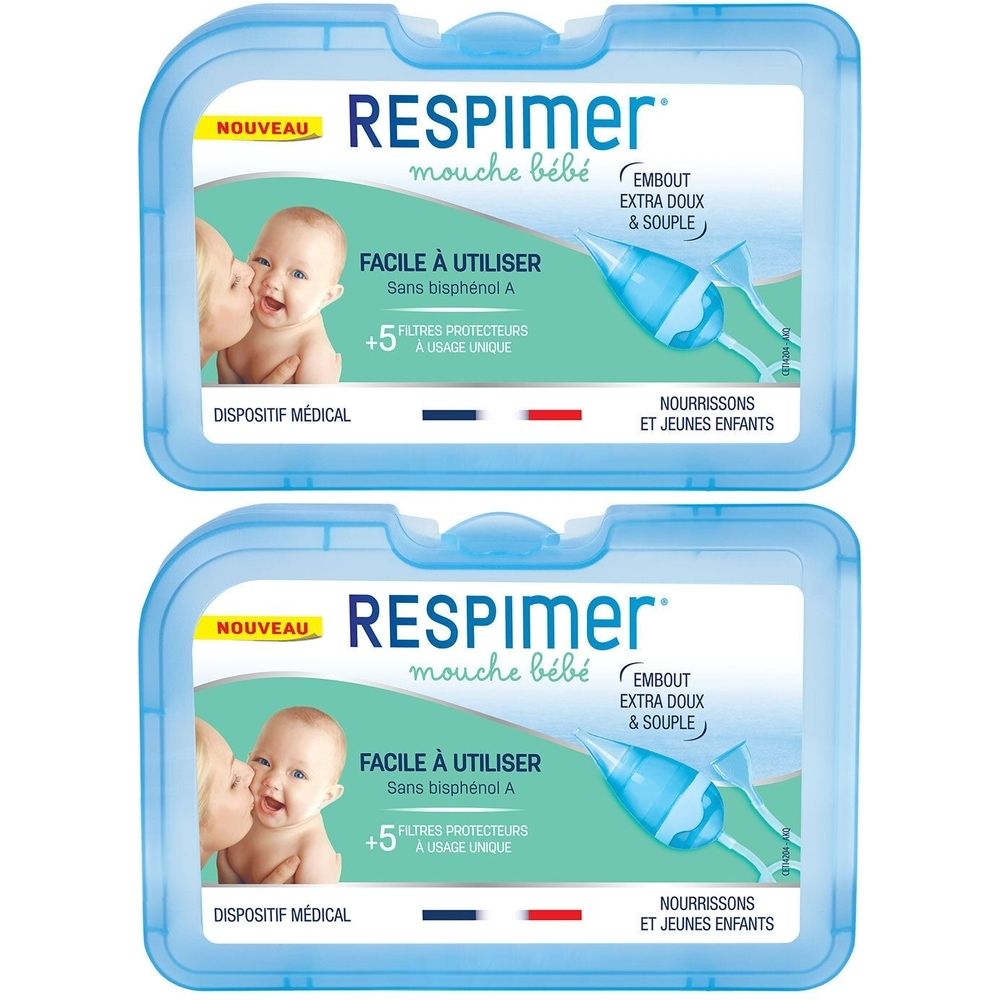 Deux boîtes bleues. Inscription RESPIMER mouche bébé. Contient un aspirateur nasal pour bébés et jeunes enfants.