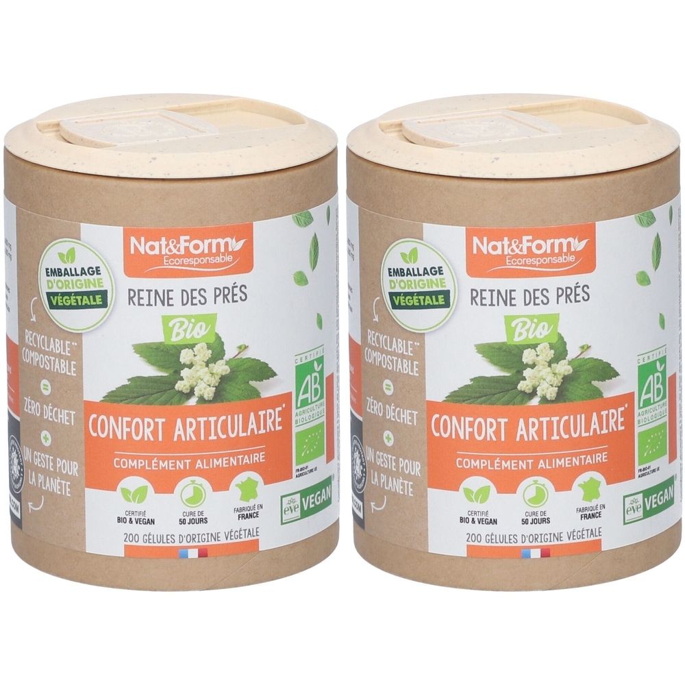 Deux boîtes cylindriques avec couvercles. Inscription: Nat&Form Reine des prés Bio, Confort Articulaire, complément alimentaire. Label bio.