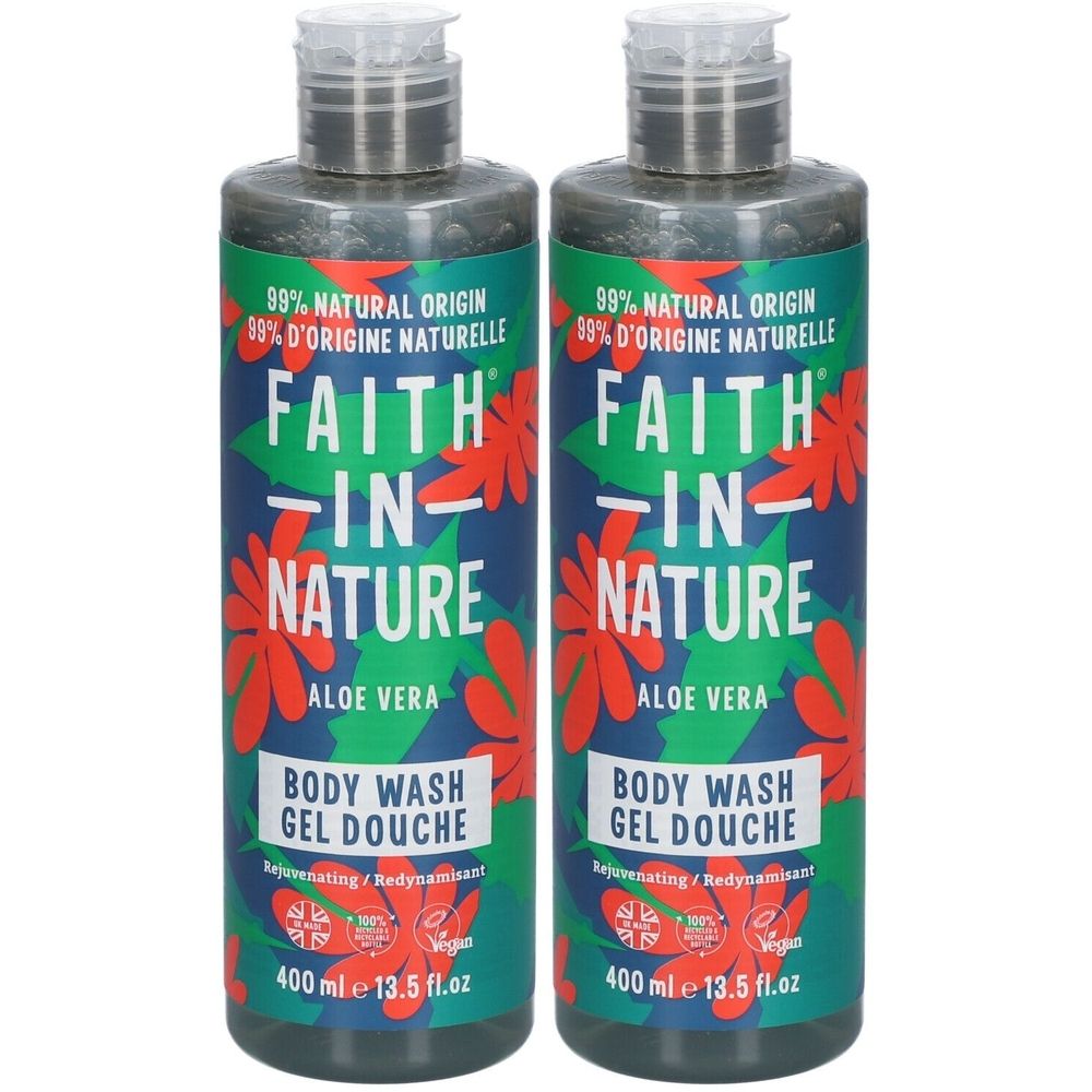 Deux flacons de gel douche. Étiquette verte et bleue avec inscription: FAITH IN NATURE, Aloe Vera, Body Wash Gel Douche. 400 ml.