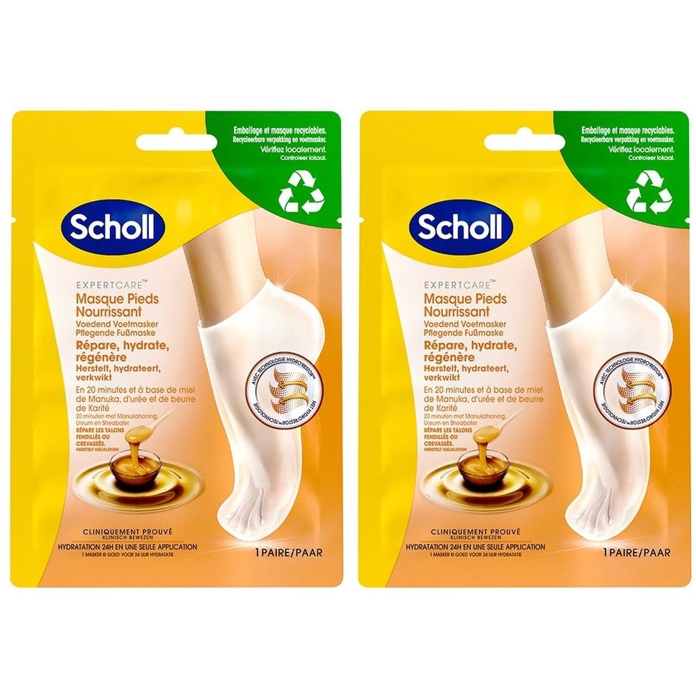 Deux paquets de masque pour les pieds Scholl ExpertCare. Emballage jaune avec illustration d'un pied dans le masque. Texte: Répare, hydrate, régénère.
