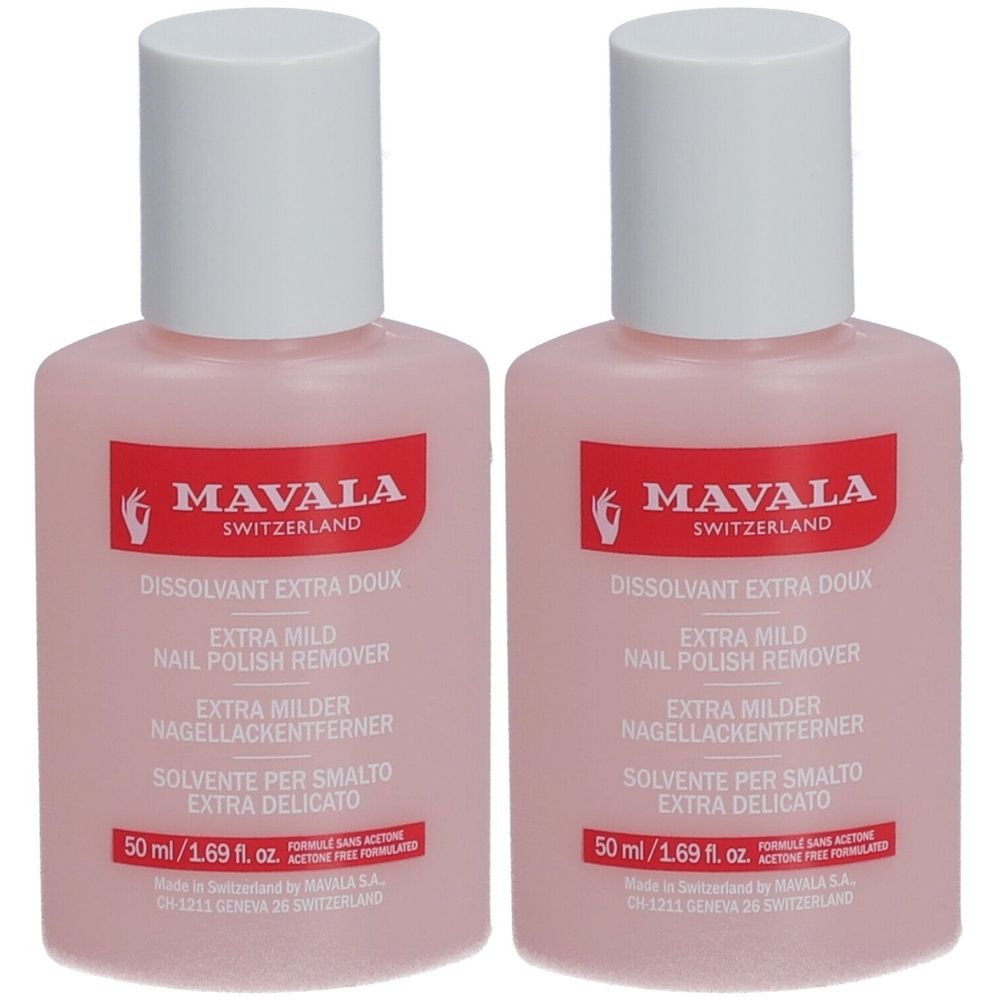Deux flacons de dissolvant pour vernis à ongles. Liquide rose dans des flacons transparents avec des bouchons blancs. Étiquette rouge avec nom de la marque et du produit.
