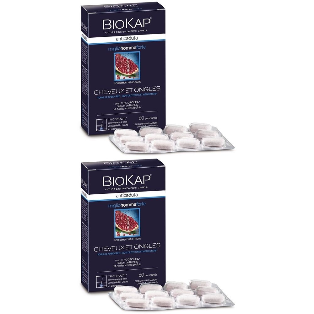 Deux boîtes et plaquettes de comprimés. Sur les boîtes, BIOKAP, dessous « Cheveux et Ongles ». Inscription « 60 comprimés ».