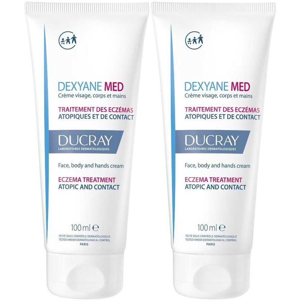 Deux tubes de crème DUCRAY Dexyane Med. Tubes blancs avec texte bleu et rouge. Inscription : « Crème visage, corps et mains » et « ECZEMA TREATMENT ».
