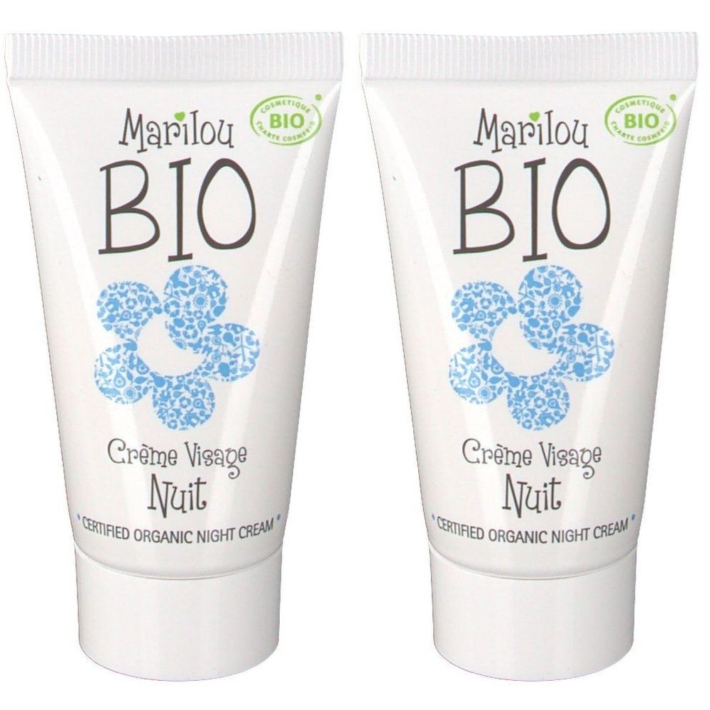 Deux tubes blancs avec l'inscription Marilou BIO, motif floral et texte Crème Visage Nuit. Certification bio.