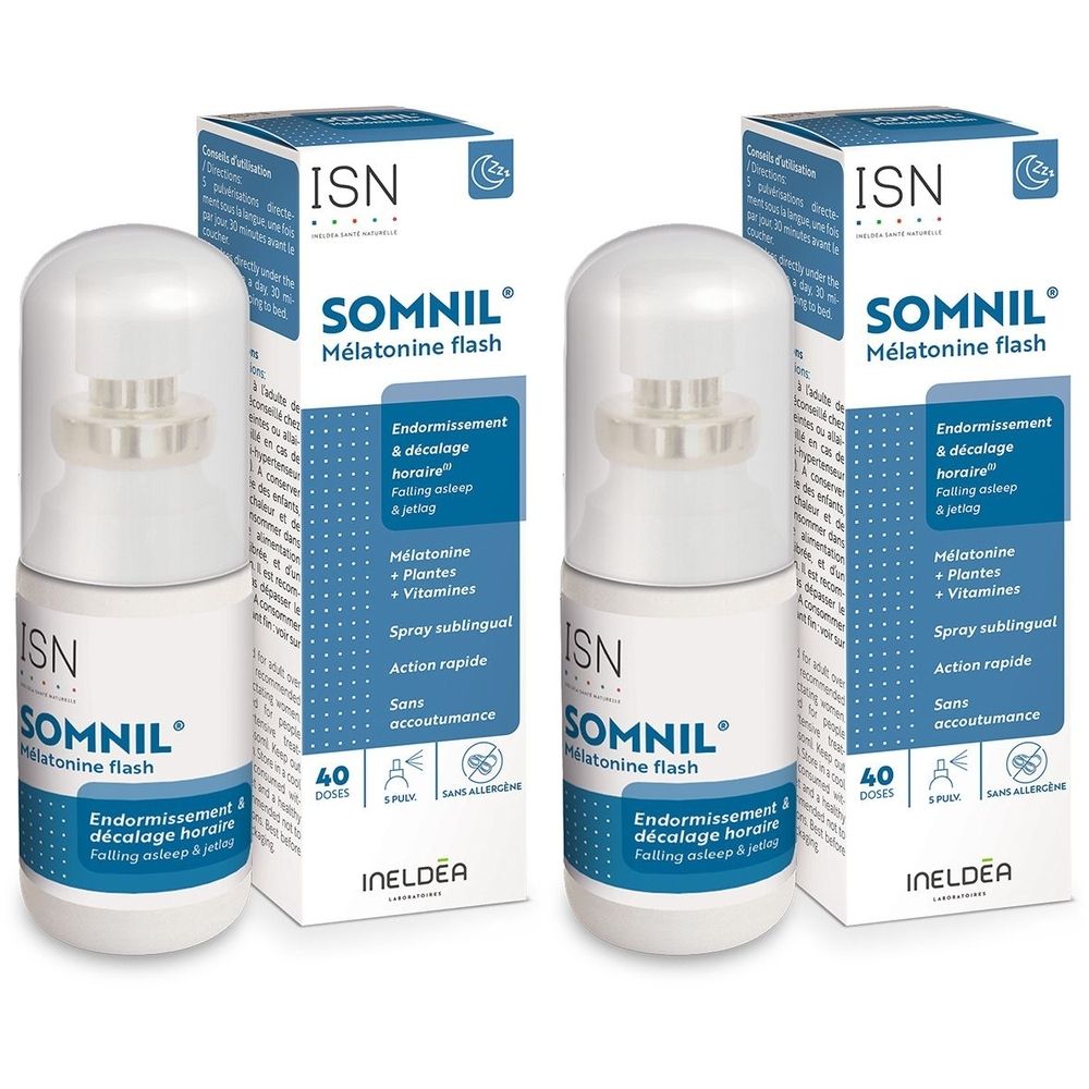 Deux flacons et emballages de ISN Somnil Mélatonine Flash. Flacons blancs avec vaporisateur et emballage carton avec informations.
