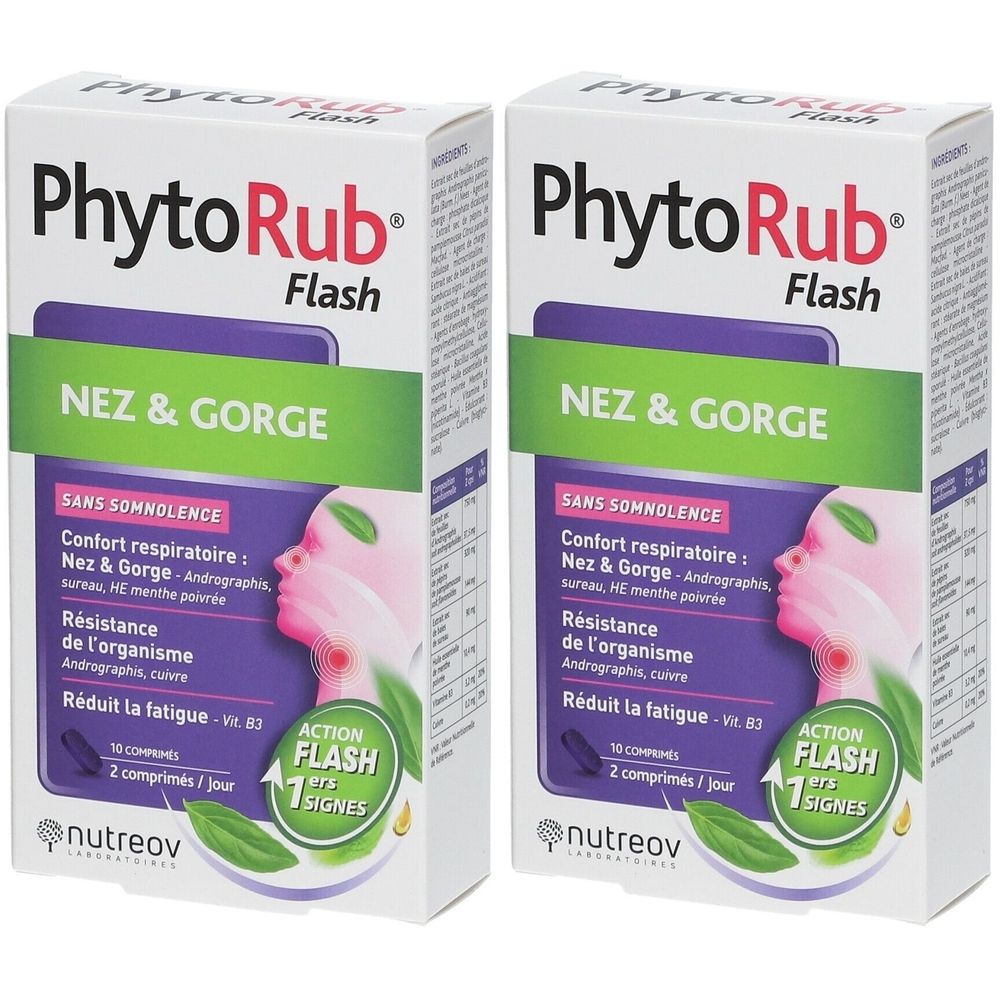 Deux boîtes de PhytoRub Flash. Inscription Nez & Gorge. Contient 10 comprimés. Logo Nutreov.