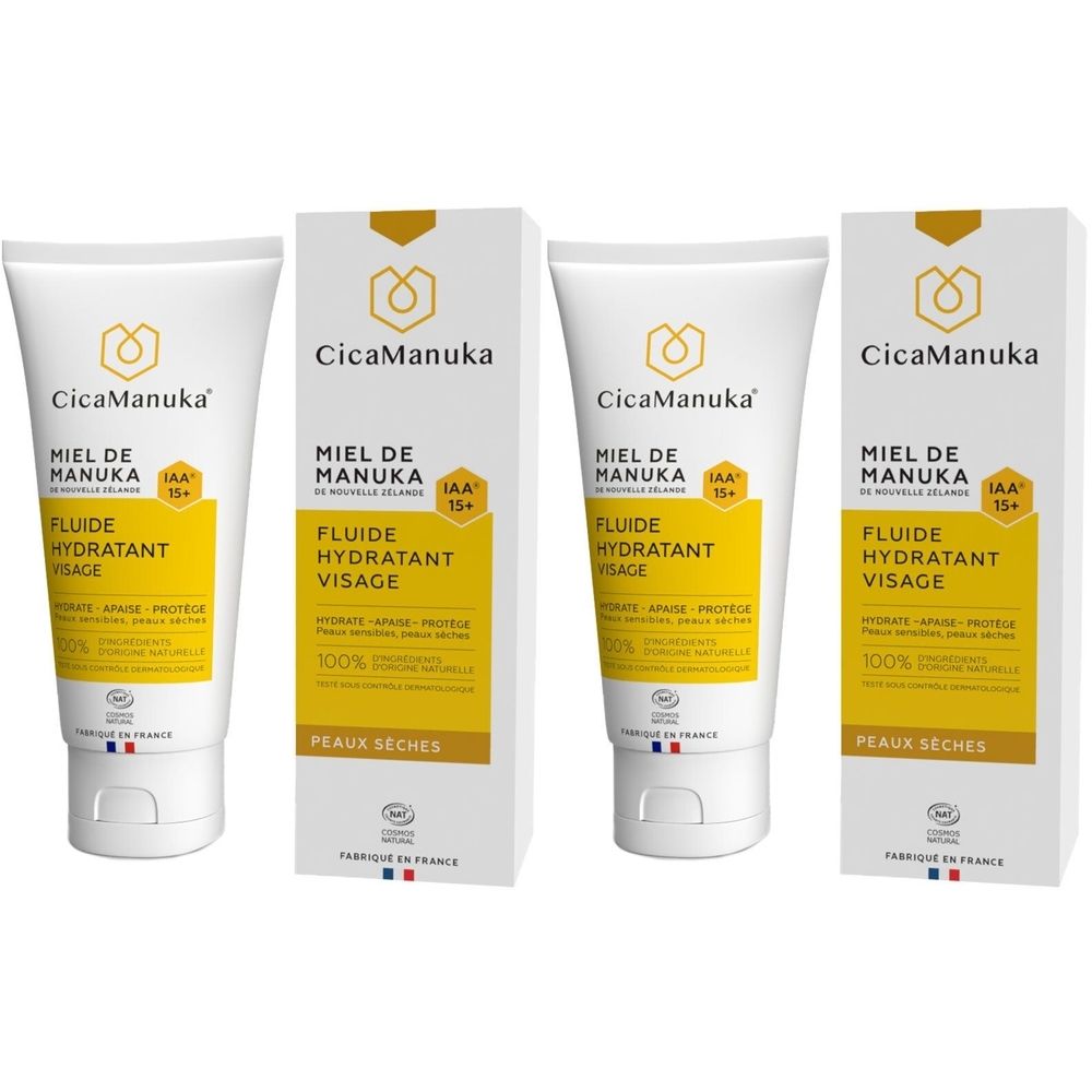 Deux tubes et deux boîtes. Inscription: CicaManuka, Miel de Manuka, Fluide Hydratant Visage. Pour peaux sèches. Avec certification.