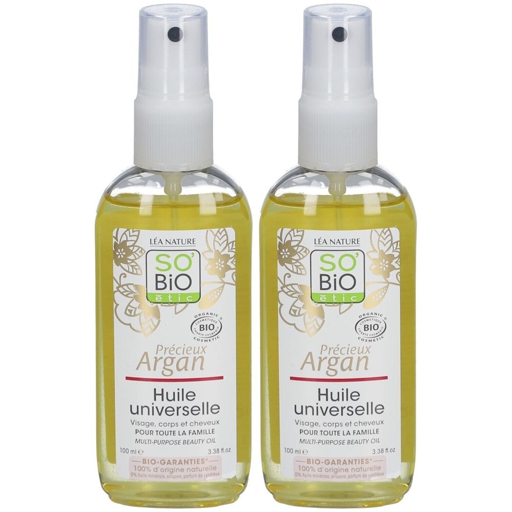Deux flacons de SO BIO ETIC Huile universelle Précieux Argan avec vaporisateur. Label bio.