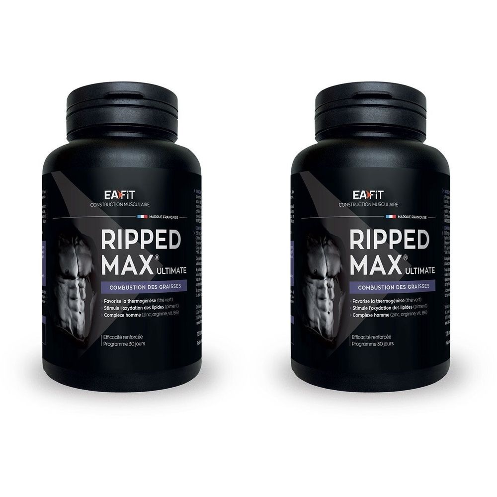 Deux flacons noirs avec l'inscription "RIPPED MAX Ultimate". Inscription "Combustion des graisses".