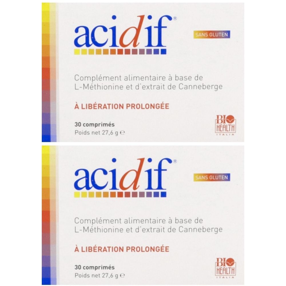 Deux boîtes de "acidif". Texte: Complément alimentaire, 30 comprimés, sans gluten. Logo: Bio Health Italia.