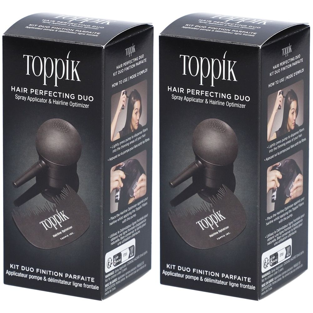 Deux boîtes noires avec le nom Toppik. Un applicateur spray et un optimiseur de ligne capillaire sont imprimés.
