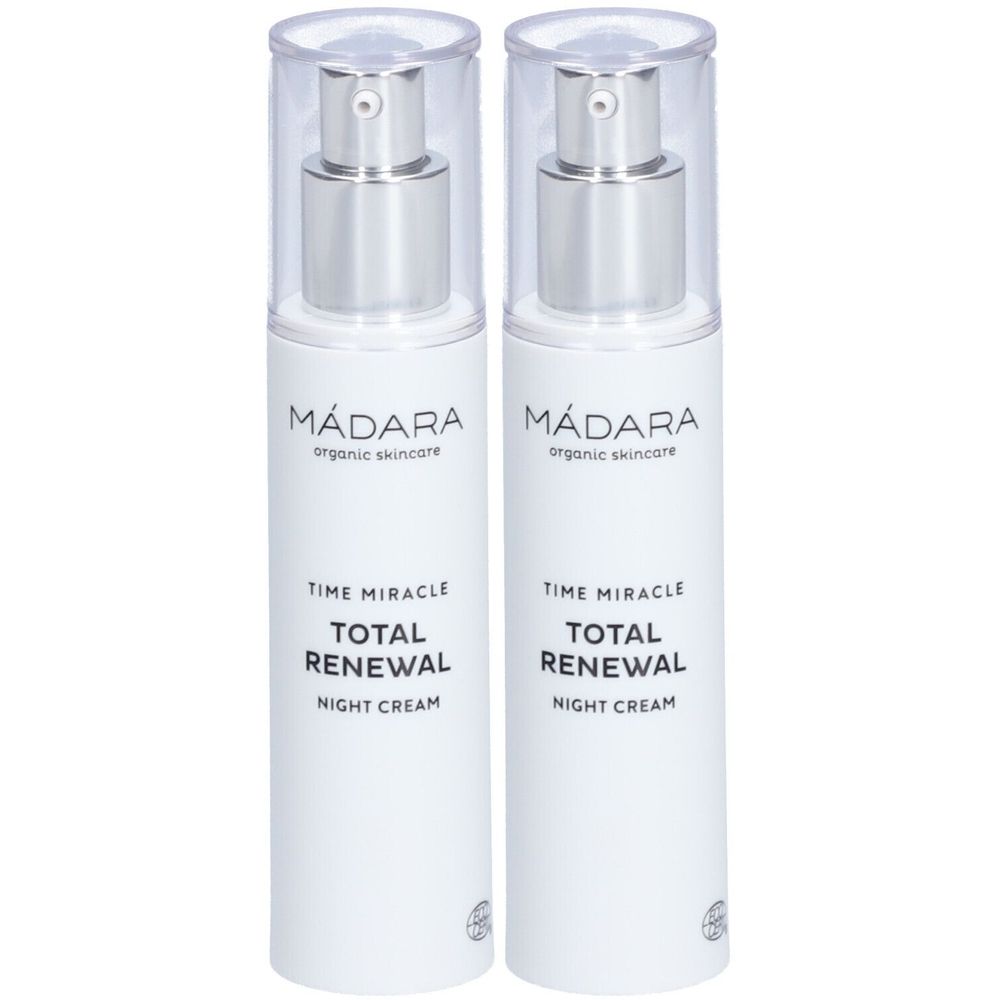 Deux flacons blancs avec pompes argentées. Chaque flacon porte l'inscription « Mádara organic skincare », « TIME MIRACLE TOTAL RENEWAL NIGHT CREAM ».