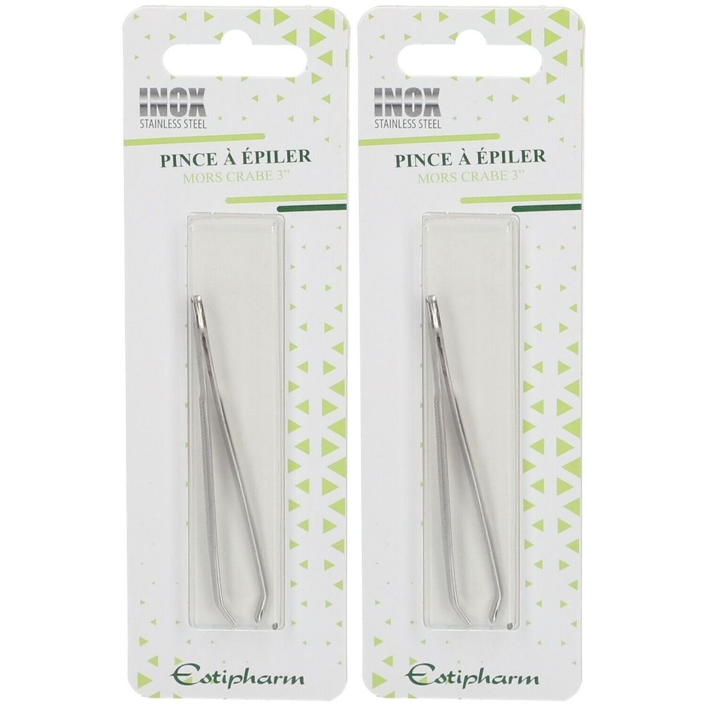 Deux pinces à épiler en emballage blister. Inscription "INOX STAINLESS STEEL" et "PINCE À ÉPILER MORS CRABE". Marque : Estipharm.