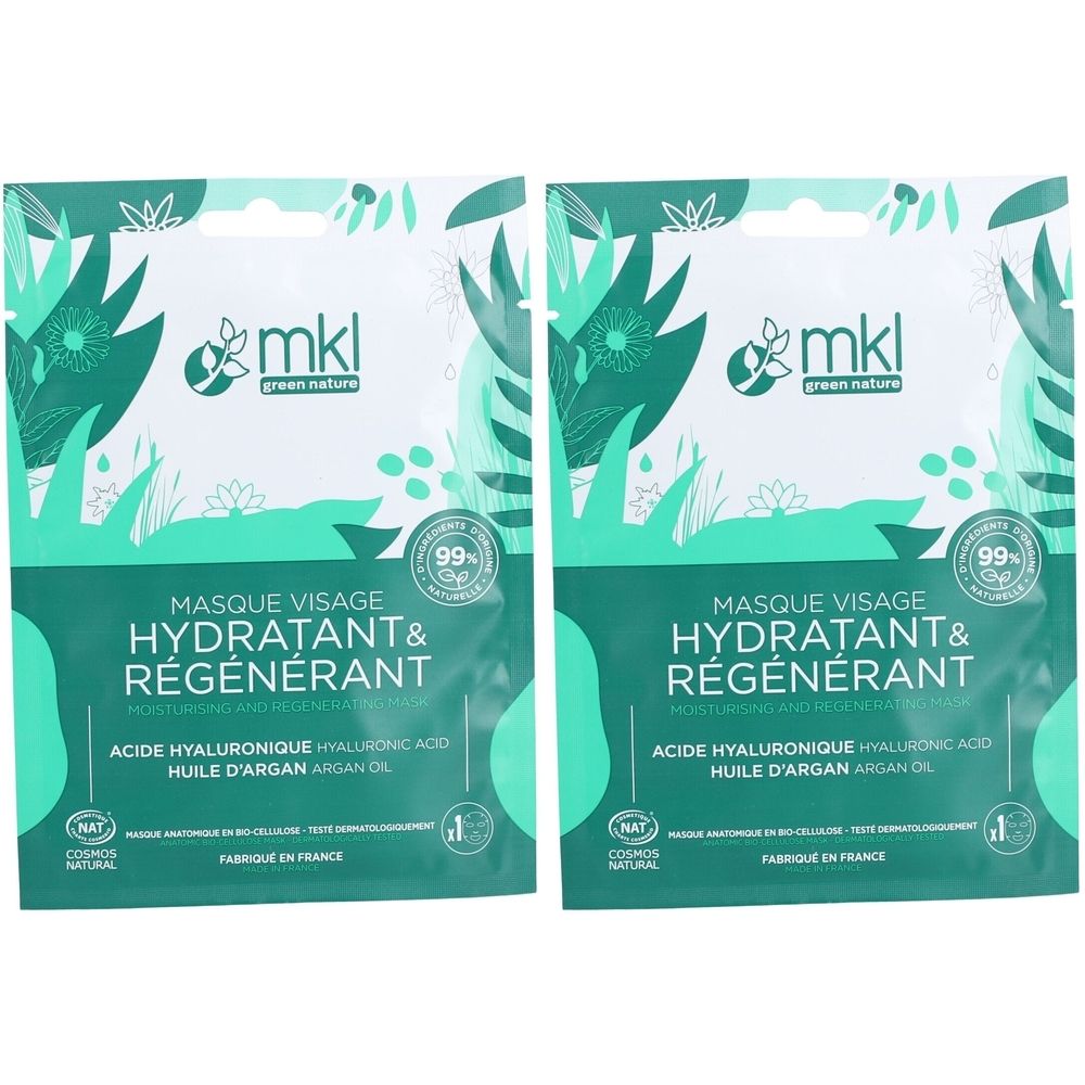 Deux sachets de masque visage. Inscription: Masque Visage Hydratant & Régénérant. Contient de l'acide hyaluronique et de l'huile d'argan. Marque: mkl green nature. 99% naturel.