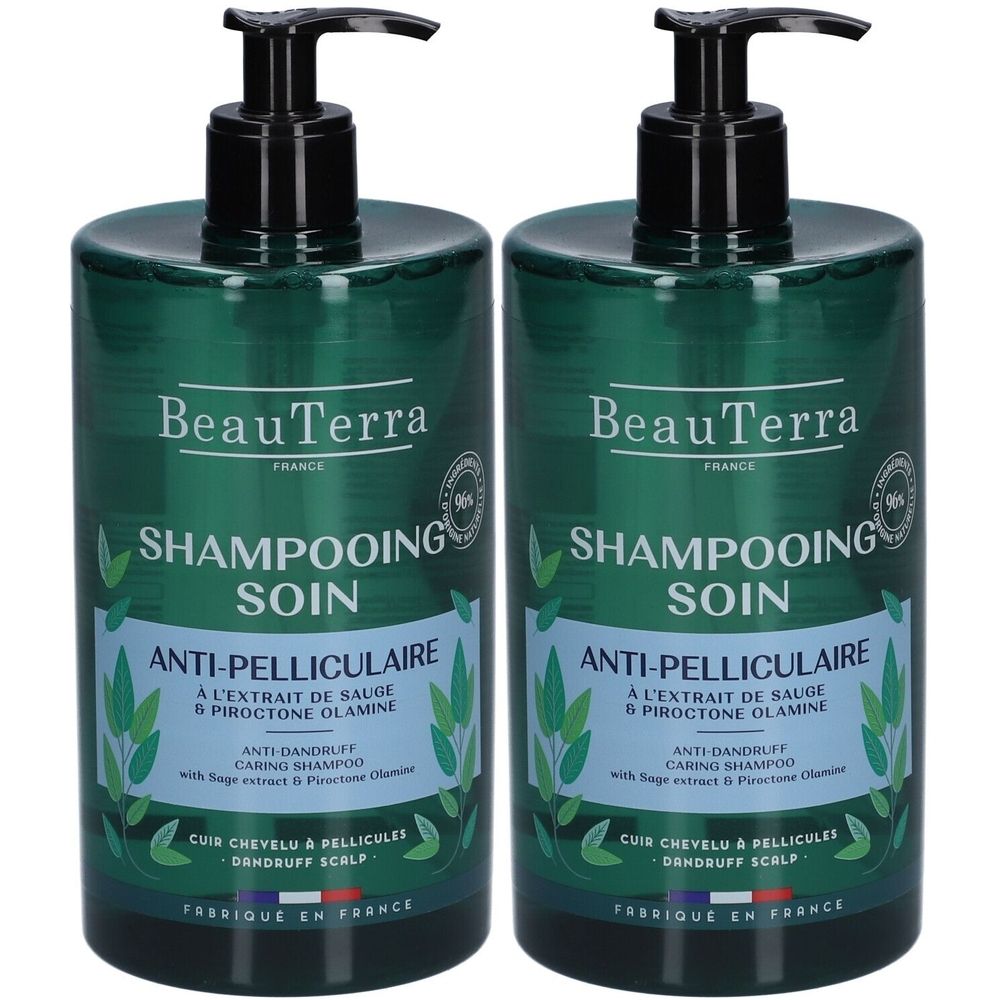 Deux flacons de shampooing verts avec pompe noire. Inscription : BeauTerra, Shampooing Soin, Anti-Pelliculaire.