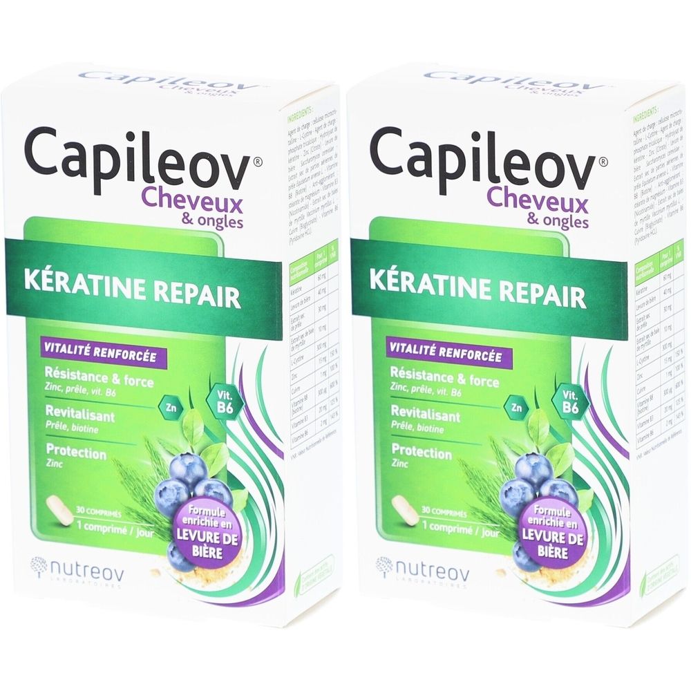 Deux boîtes Capileov Kératine Repair. Inscription : Cheveux & ongles, Kératine Repair, Vitalité renforcée, Levure de bière.