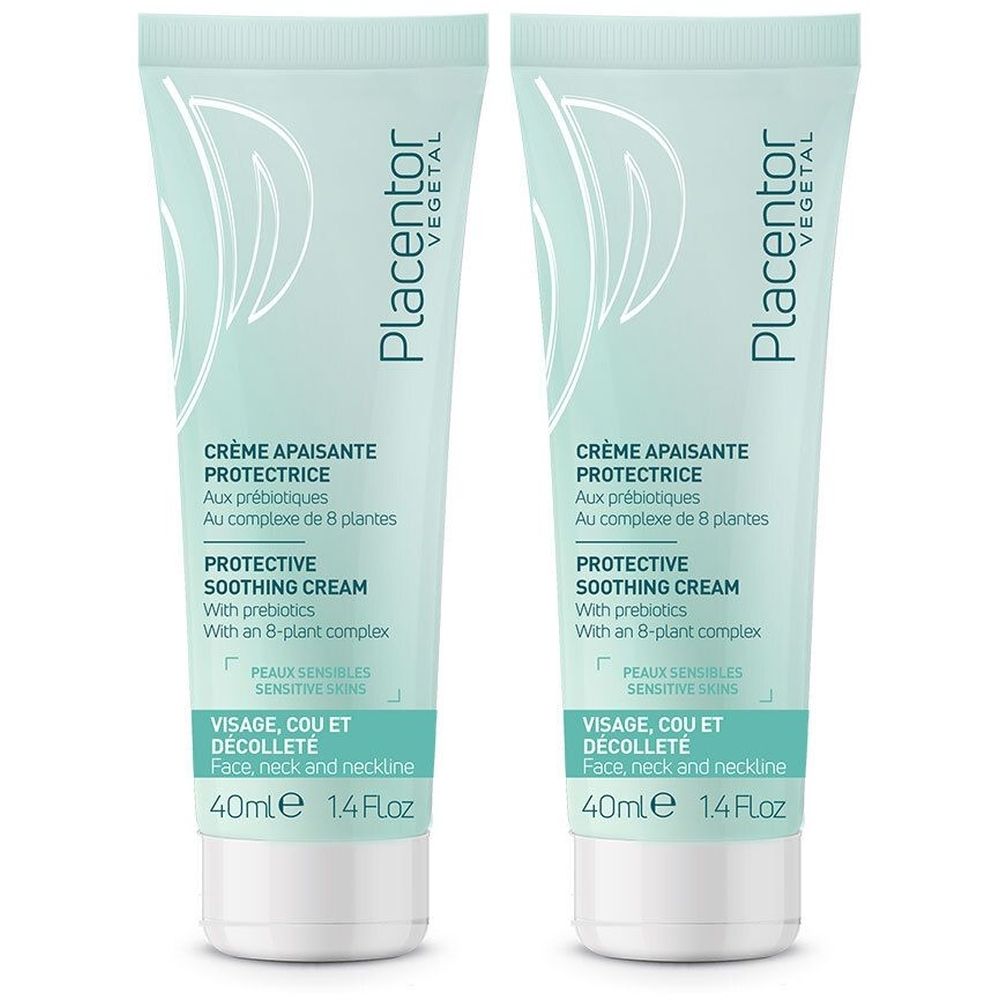 Deux tubes de crème. Inscription: Placentor Vegetal, Crème Apaisante Protectrice, Protective Soothing Cream. Pour visage, cou et décolleté. 40ml.