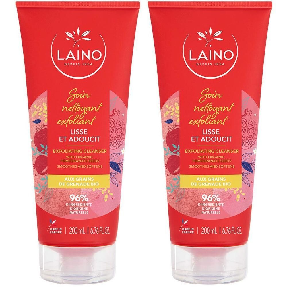 Deux tubes rouges LAINO Soin nettoyant exfoliant. Inscription: Lisse et adoucit, aux grains de grenade bio. 96% d'ingrédients d'origine naturelle.