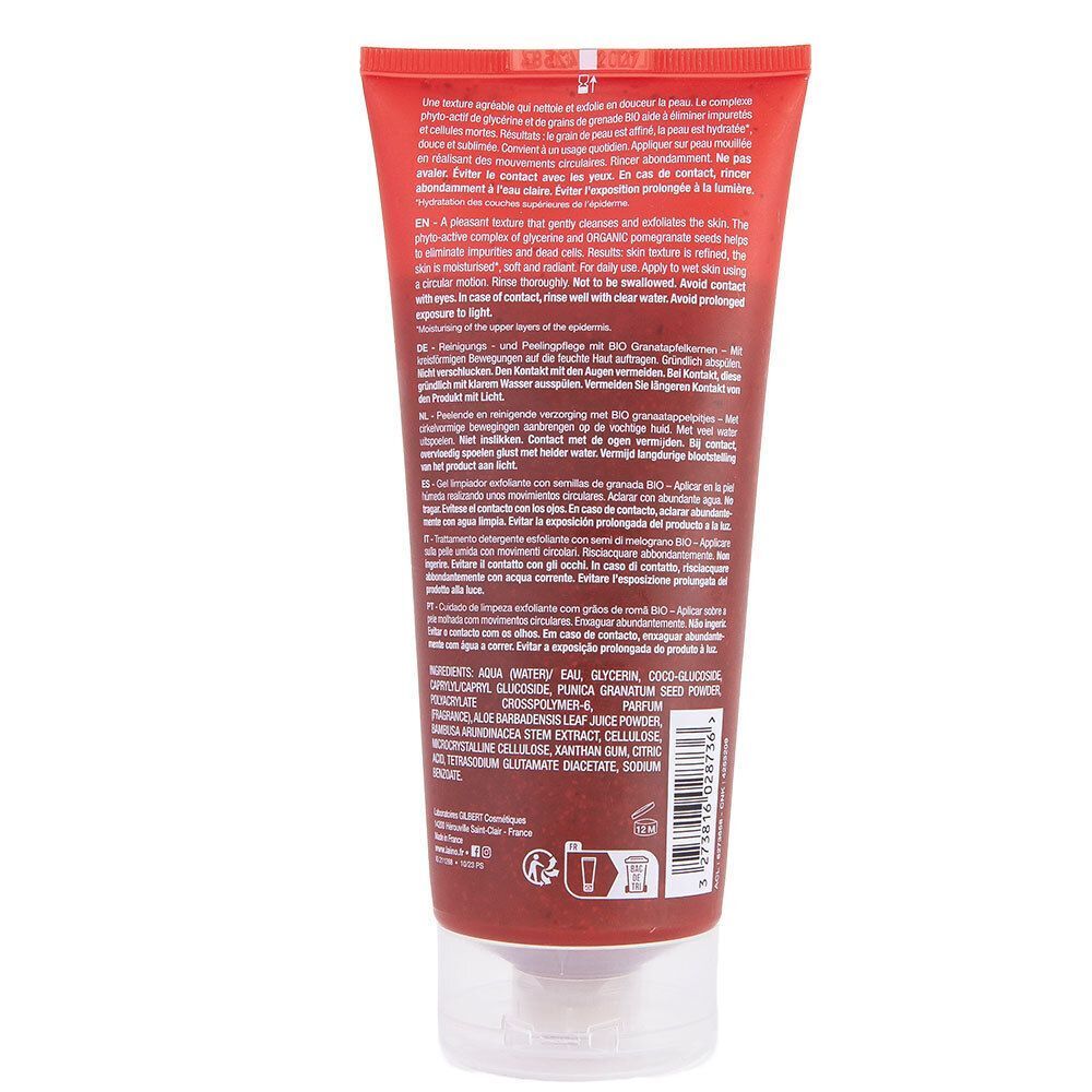 Dos d'un tube rouge LAINO Soin nettoyant exfoliant. Texte multilingue. Contient ingrédients et informations d'utilisation.