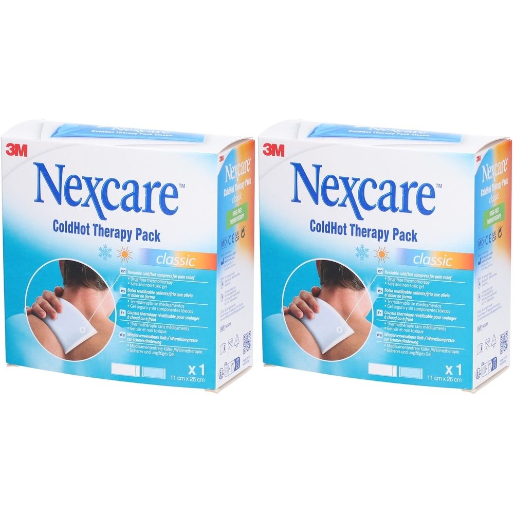 Deux boîtes Nexcare ColdHot Therapy Pack. Emballage bleu et blanc avec image du produit et texte. Inscription : classic.