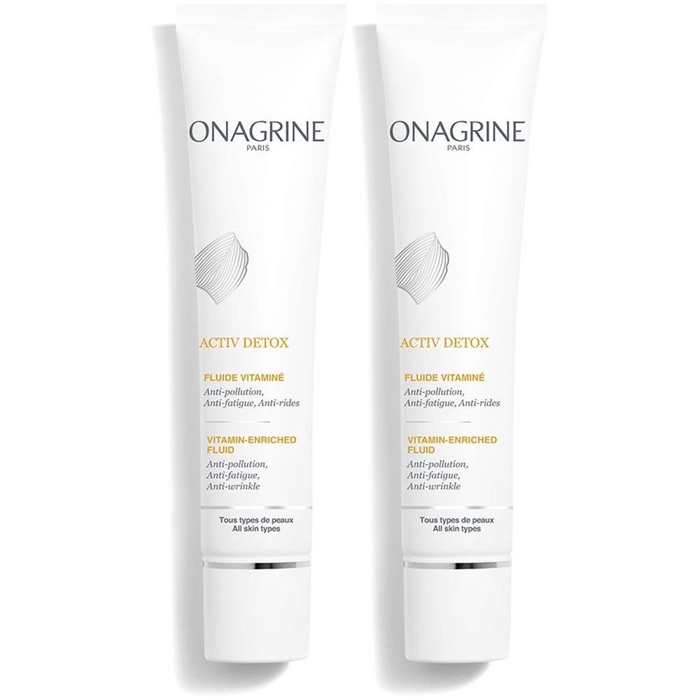 Deux tubes blancs. Inscription: ONAGRINE, ACTIV DETOX, FLUIDE VITAMINÉ. Pour tous types de peaux.