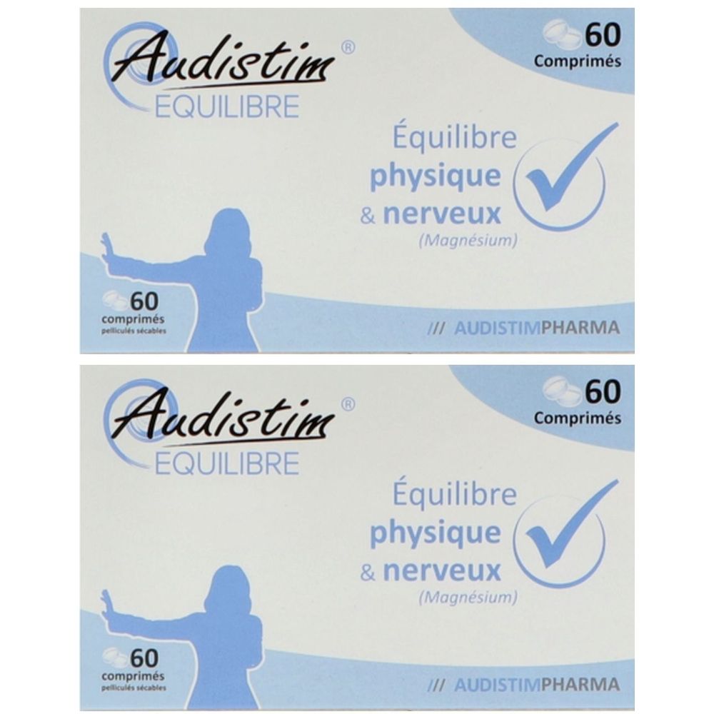 Deux boîtes Audistim Équilibre. Inscription : Équilibre physique & nerveux. 60 comprimés. AUDISTIMPHARMA.
