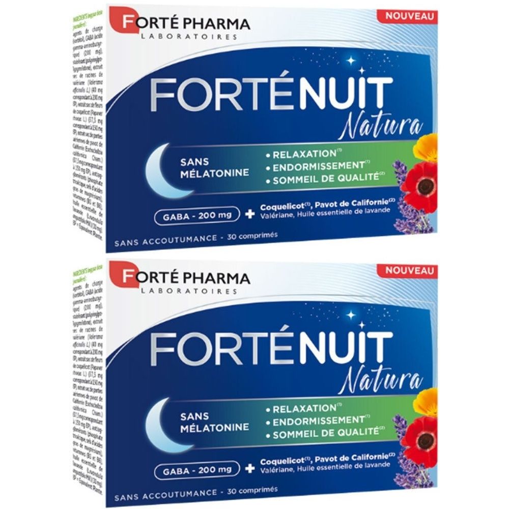 Deux boîtes de Forté Nuit Natura. Emballage bleu avec nom et ingrédients. Contient 30 comprimés.