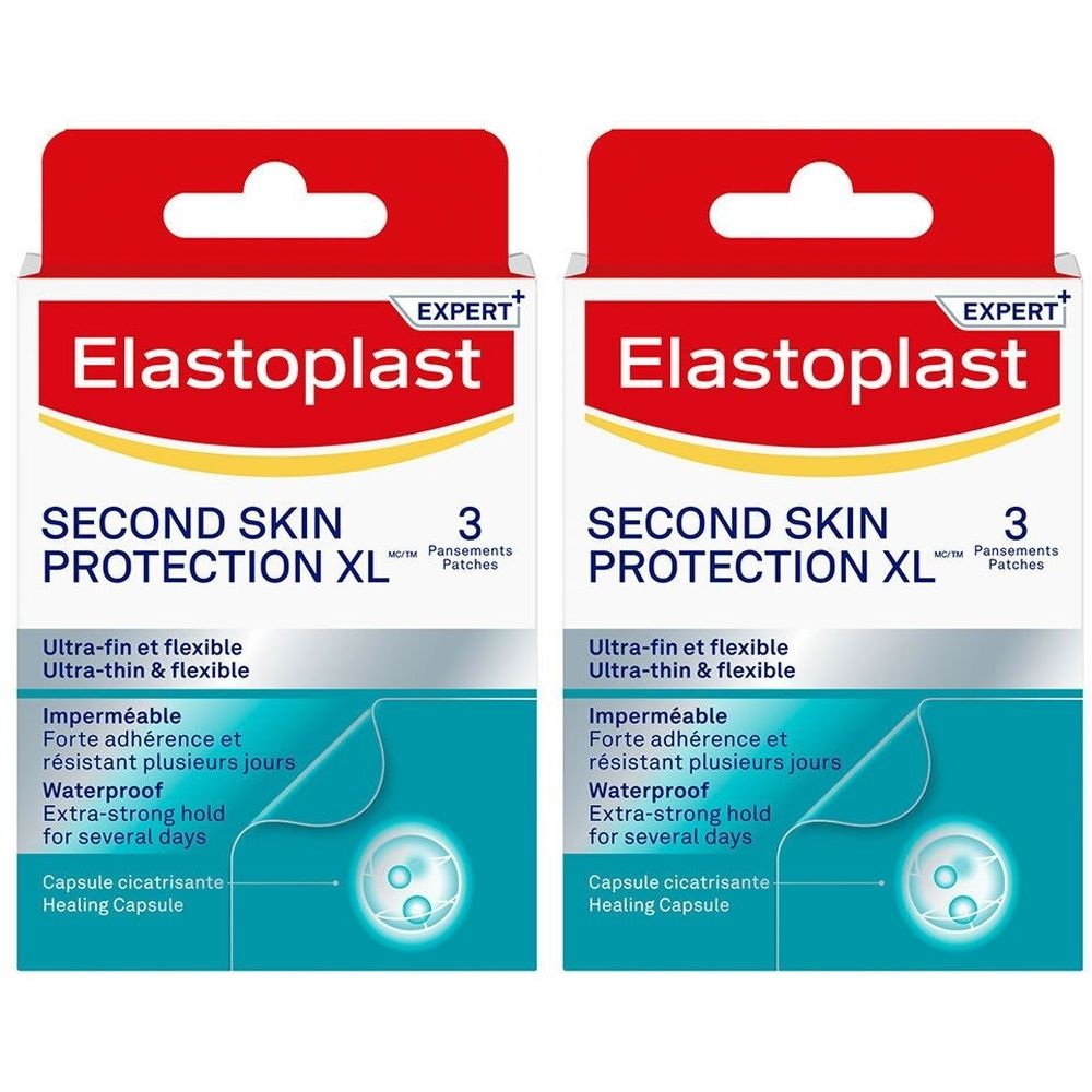 Deux boîtes de pansements ELASTOPLAST Second Skin Protection XL. Chaque boîte contient 3 pansements. Texte: Ultra-fin et flexible, Waterproof.