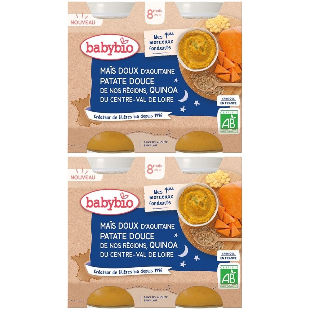 Emballage Babybio. Ingrédients : maïs, patate douce, quinoa. Label bio. Dès 8 mois. Deux coupelles de purée.