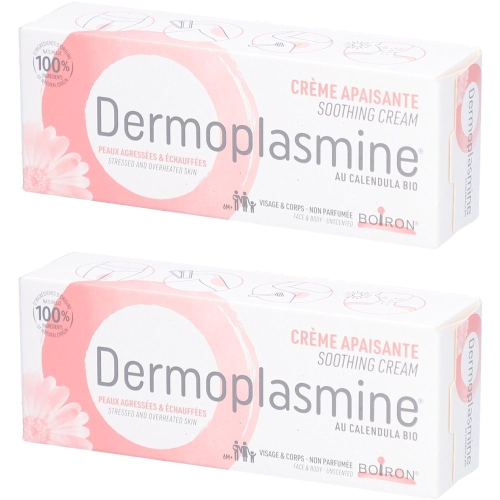 Deux boîtes de crème Dermoplasmine, blanches et roses. Inscription : Crème Apaisante, Soothing Cream, au Calendula Bio.
