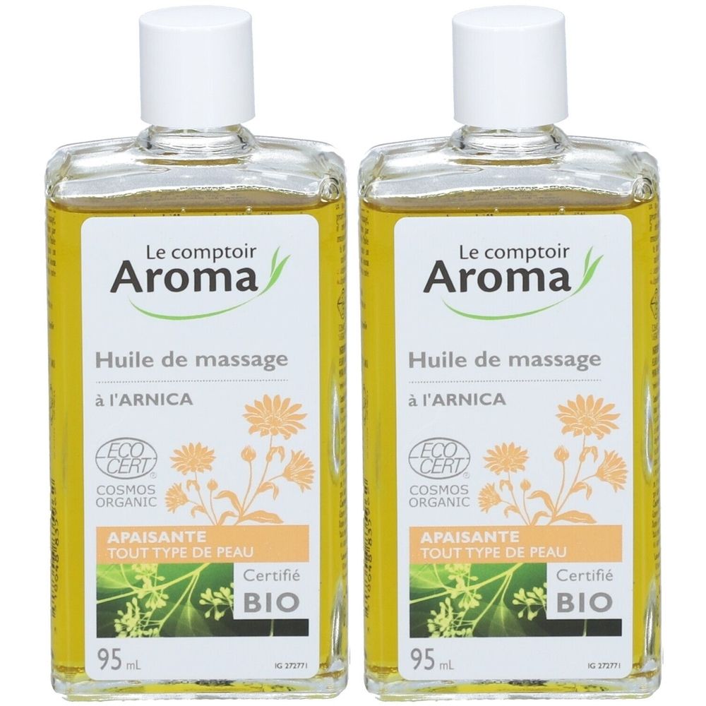 Deux flacons d'huile de massage avec bouchon blanc. Inscription: Le comptoir Aroma, Huile de massage à l'ARNICA. Certification bio.