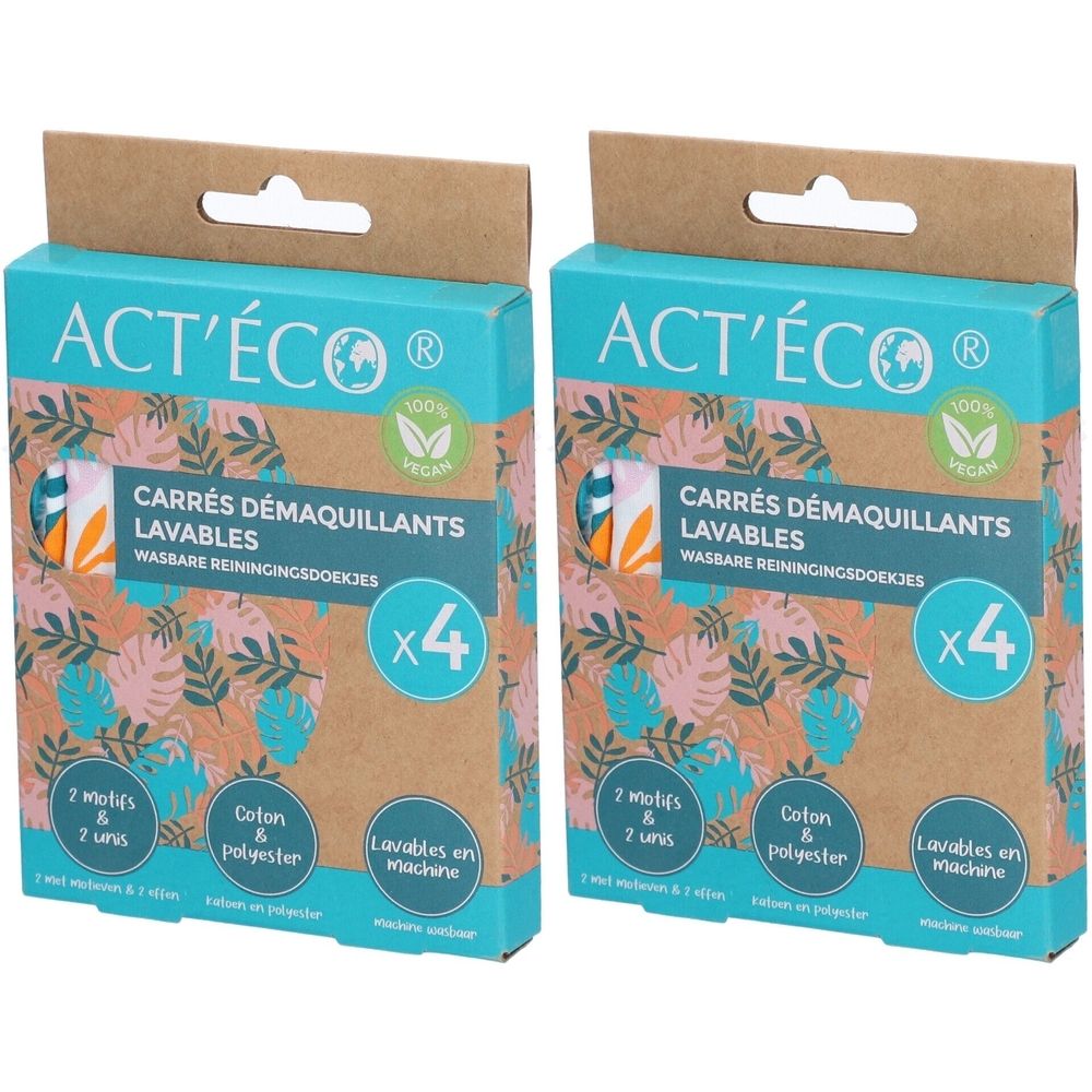 Deux boîtes de carrés démaquillants lavables. Inscription: ACT'ÉCO, CARRÉS DÉMAQUILLANTS LAVABLES, x4. Label végan.