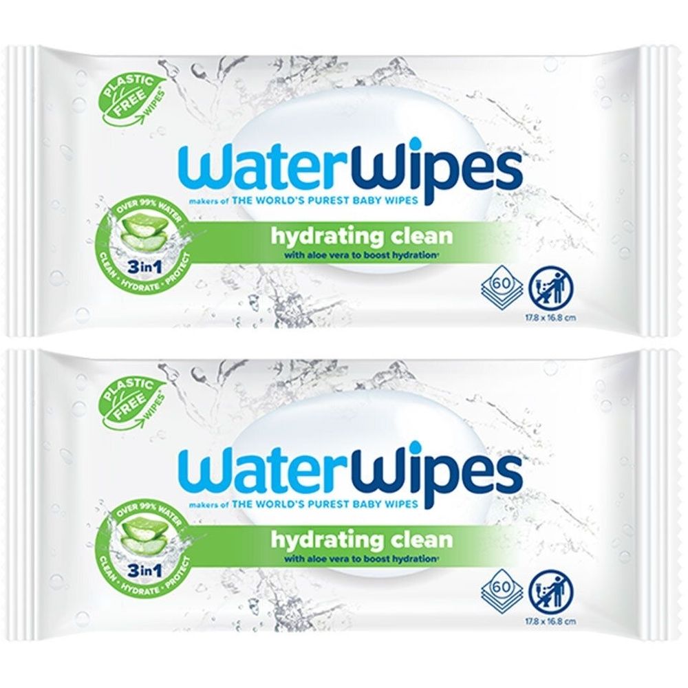 Deux paquets de lingettes WaterWipes. Inscription : hydrating clean à l'aloe vera. 60 lingettes, 17,8 x 16,8 cm. Sans plastique.