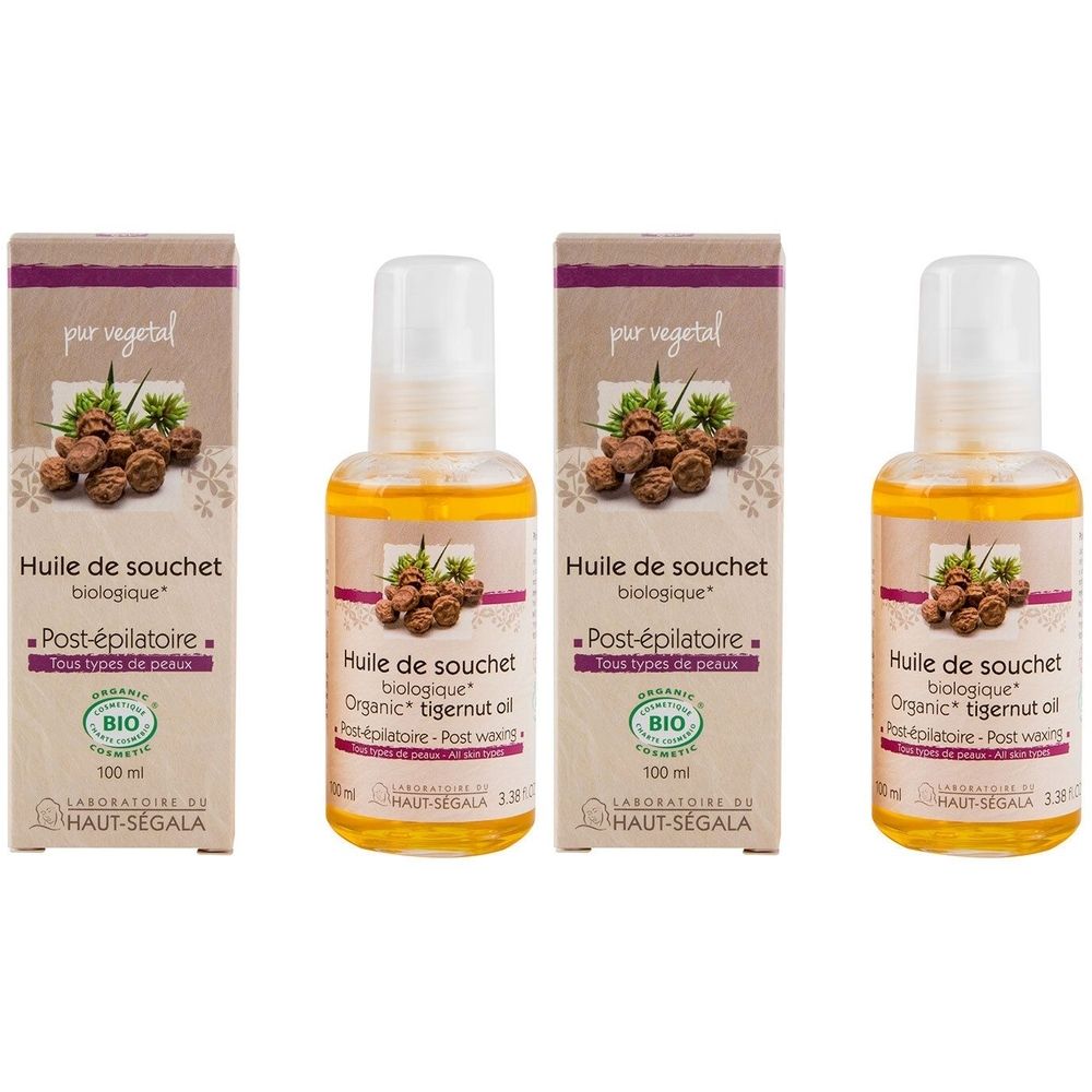 Trois flacons et emballages. Inscription: Huile de souchet biologique, Post-épilatoire, label BIO. Flacons contenant un liquide jaune.